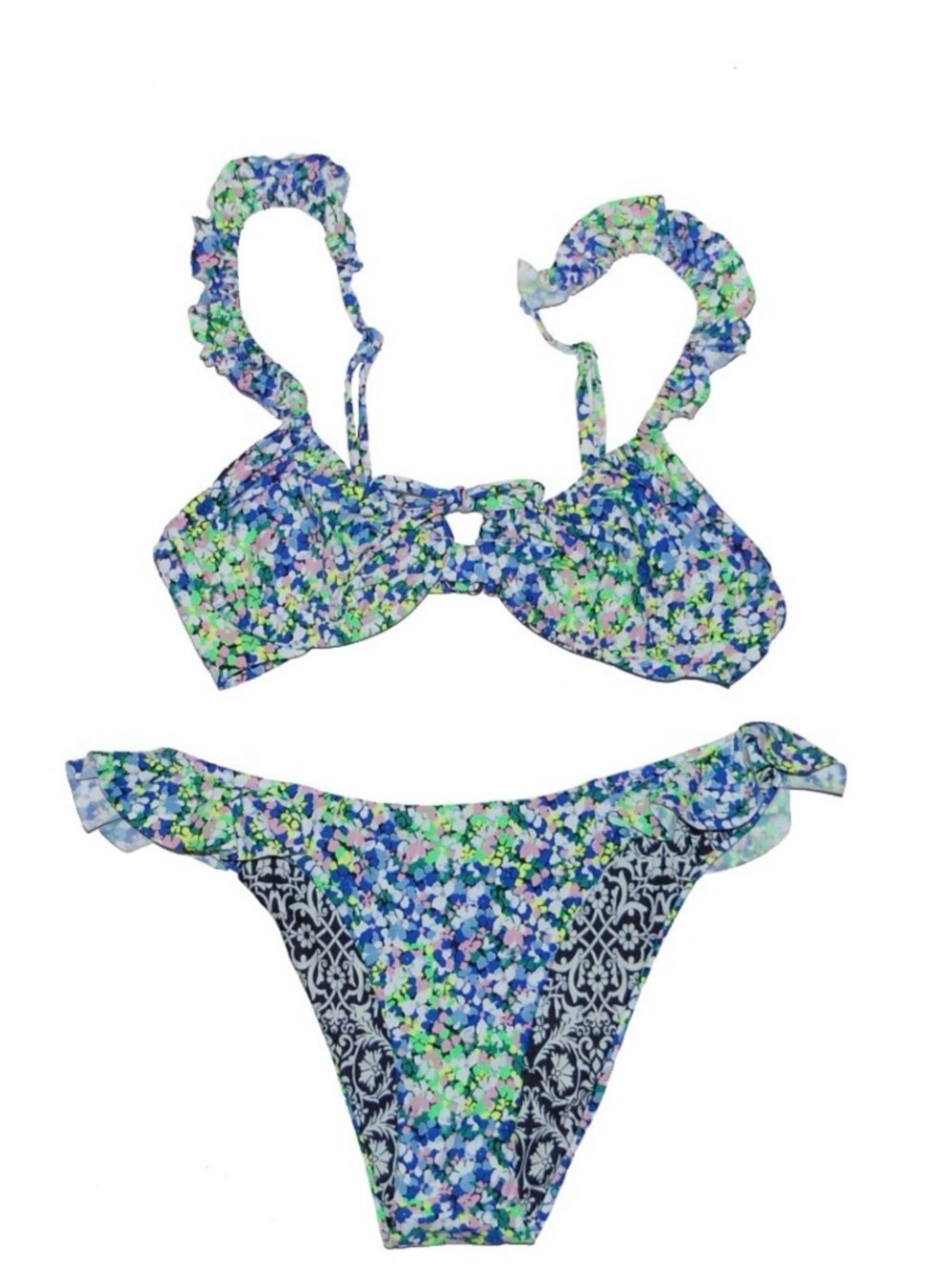 NWT Maaji Jot Follow Blue Black Multi Floral Underwire Top Ruffle Bikini Set M